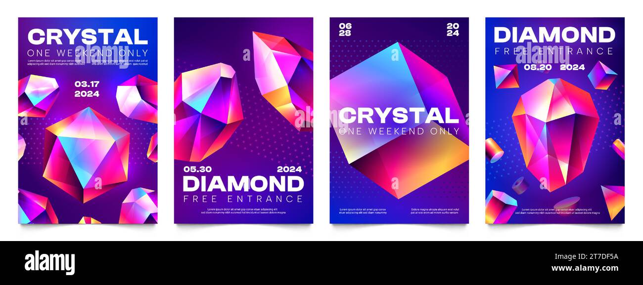 Abstract crystal posters. Triangular gemstone badges with shiny reflections, trendy jewel badges with reflections and glossy shine. Vector polygonal Stock Vector
