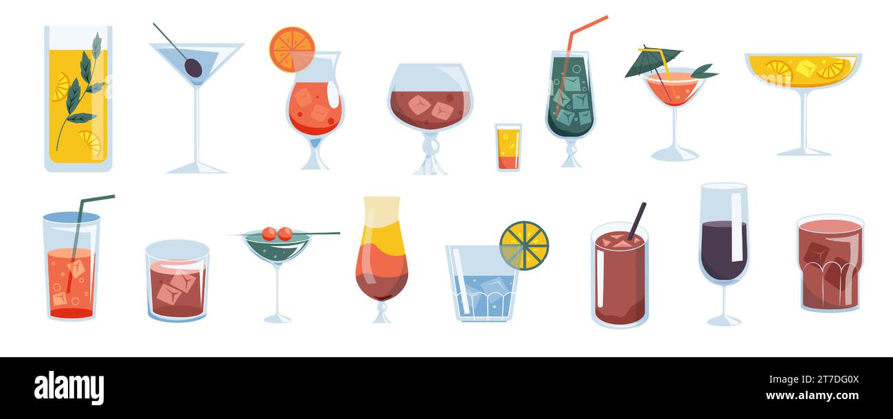 Cocktail drinks. Tropical vermouth, cold champagne and rum, cold fruit drinks, alcoholic beverages with ice. Bar menu vector set Stock Vector