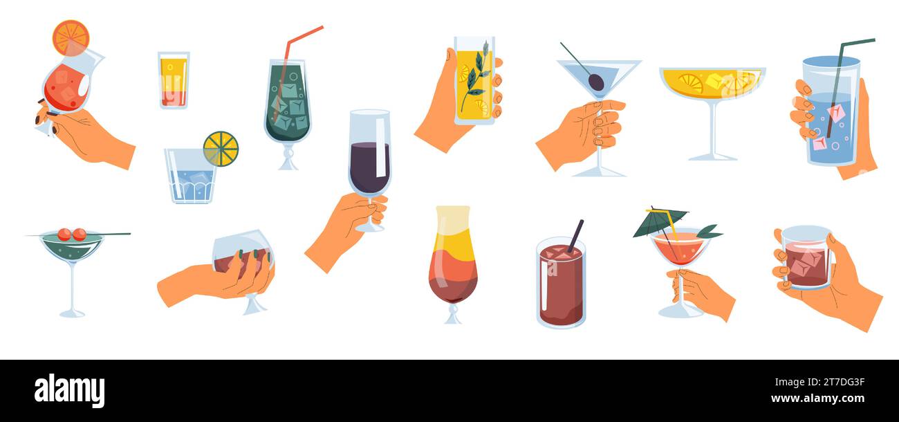 Hands with alcohol drinks. Woman holding cocktail glasses with wine, whisky and gin, man hands with martini. Alcohol beverage vector set Stock Vector