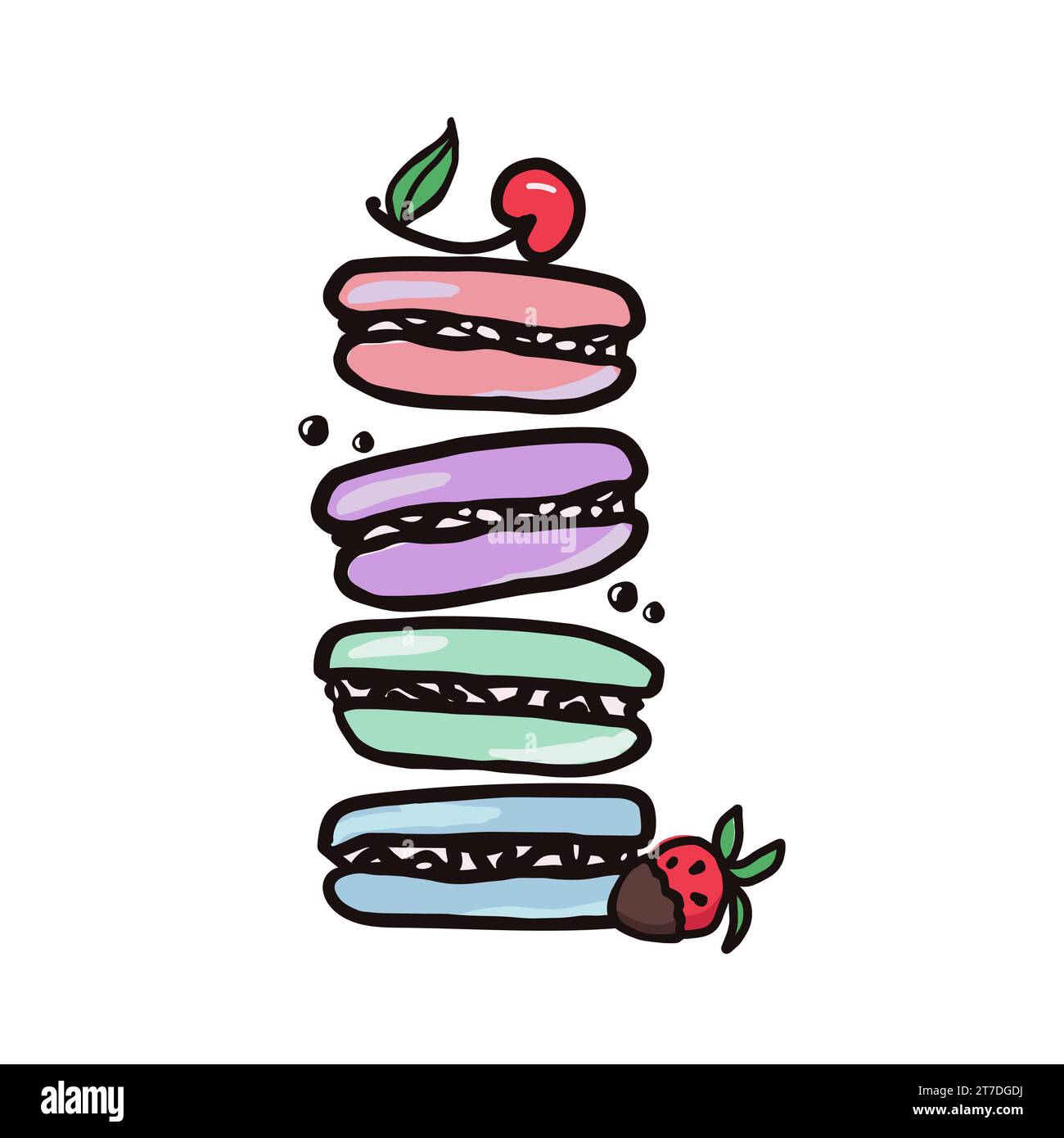 Sweet food vector banner sketchy illustrations collection of desserts. Macaroon with cherry and strawberry fruit. Hand drawn colorful vector illustrat Stock Vector