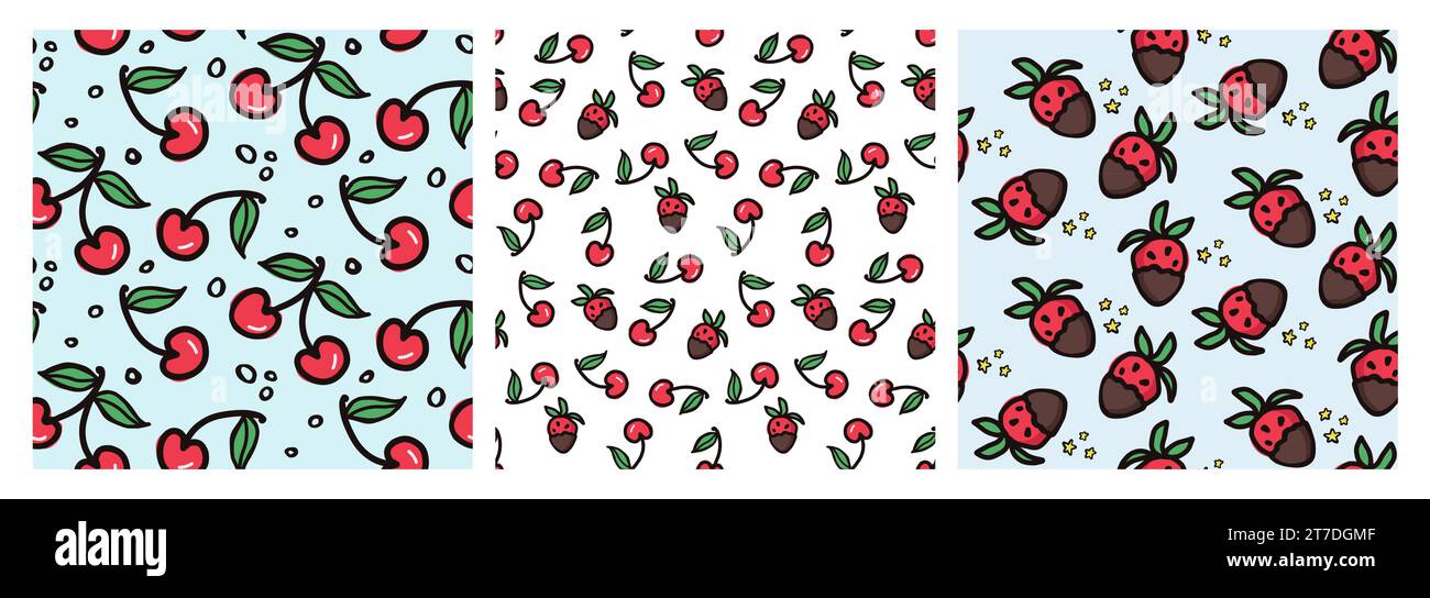 Cherry and strawberry fruit seamless pattern set. Summer berries ...