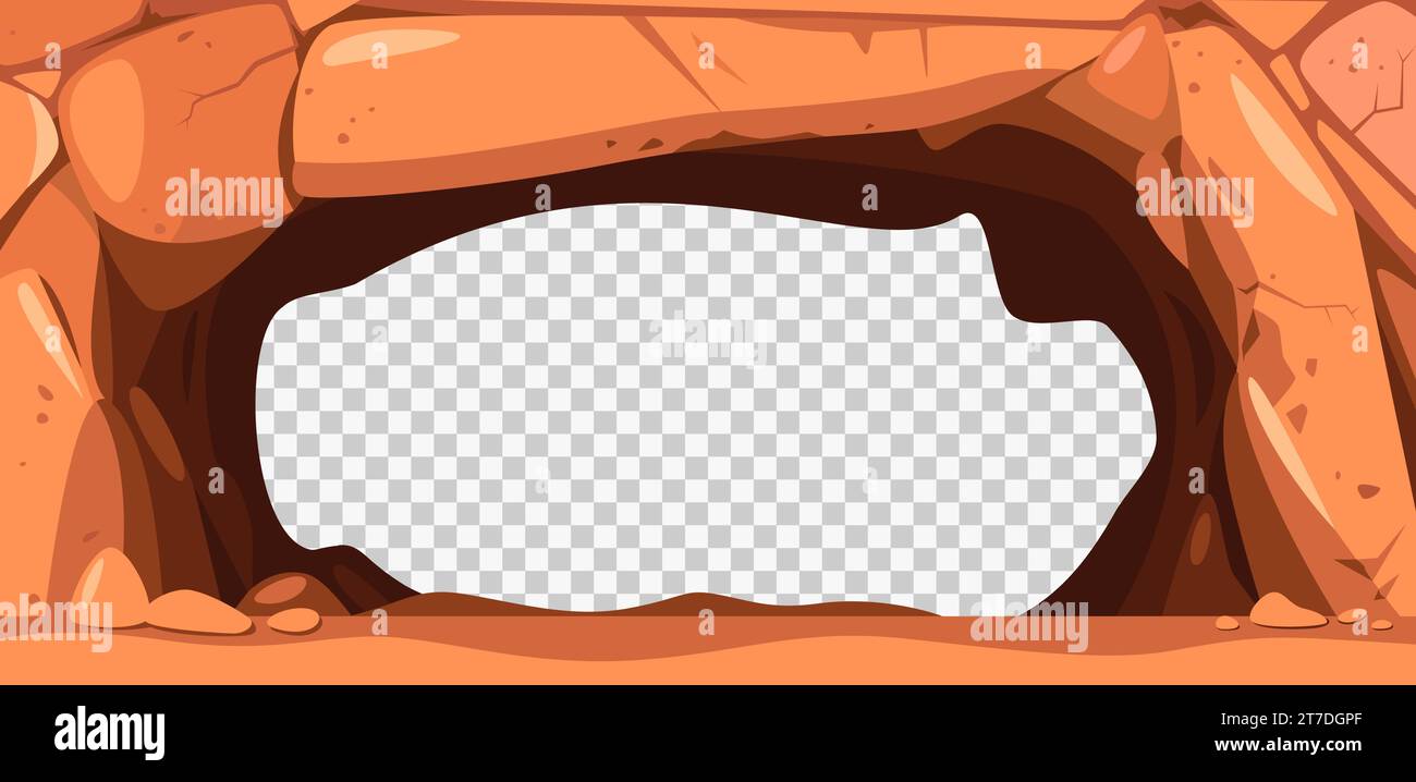 Stone cave frame. Underground mine hollow with red stalactite and stalagmite, fantasy prehistoric landscape with old rock tunnel. Vector cartoon set Stock Vector