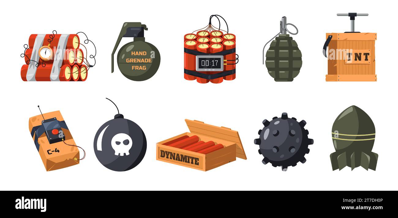 Cartoon bomb set. Dynamite and bomb military explosive ammunition devic eand artillery game asset. Vector collection Stock Vector