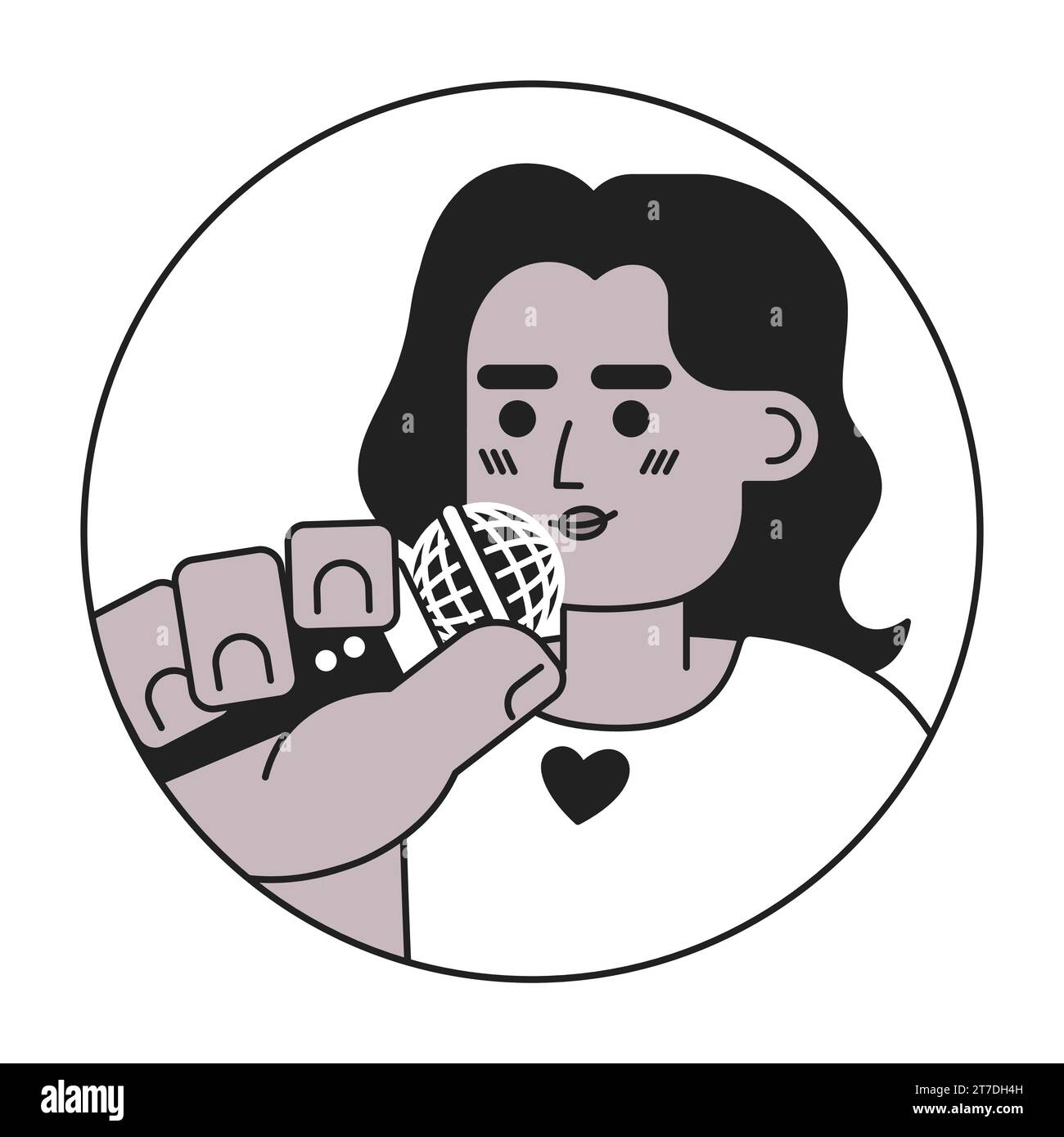 Wavy hair black woman singer speaker black and white 2D vector avatar ...