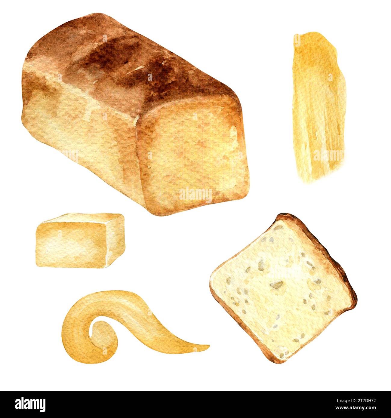 Toast bread whole and slice watercolor illustration isolated on white