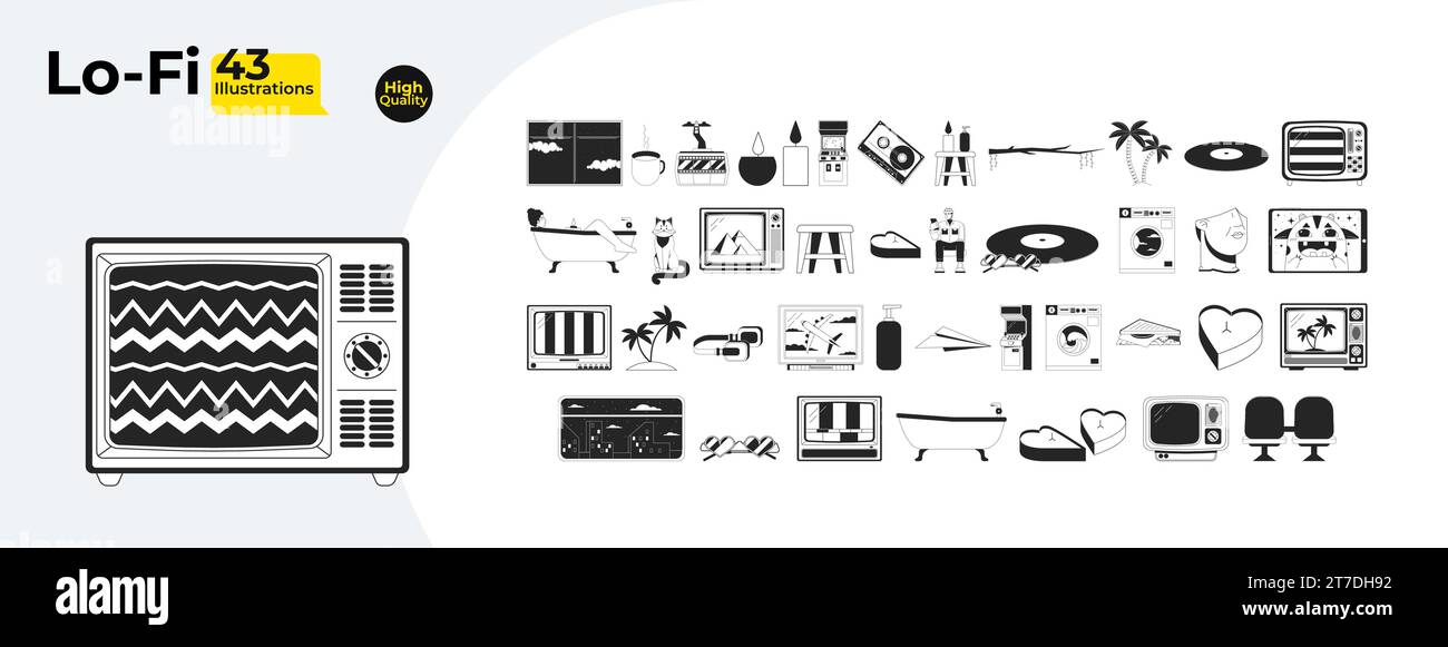 Retro 80s black and white 2D line cartoon lo fi objects bundle Stock Vector