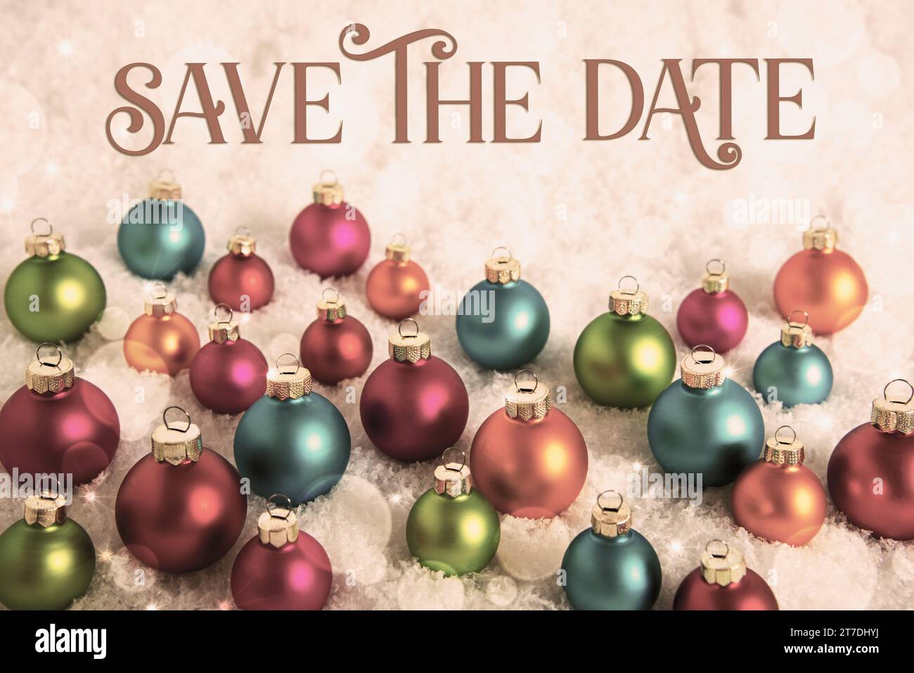Text Save The Date, Many Colorful Christmas Balls Symbolizing Diversity, In The Snow, Vintage Style Stock Photo