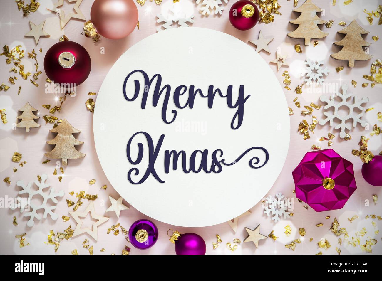 Purple Christmas Decoration, Bokeh Effect, Festive Holiday Background With Text Merry Xmas Stock Photo