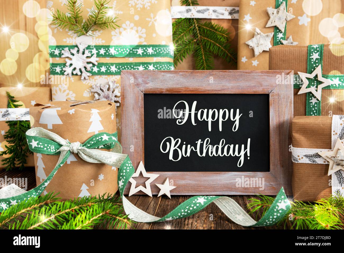 Text Happy Birthday, Green Winter Decor, Sustainable Christmas Background Stock Photo