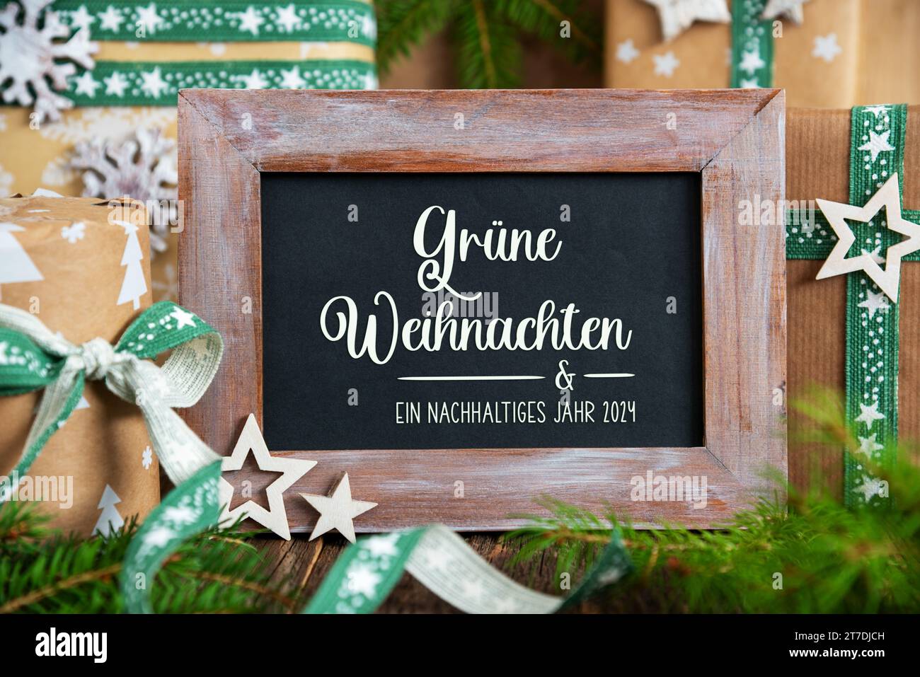 Text Gruene Weihnachten Und Ein Nachhaltiges Neues Jahr, Means Green Christmas And A Sustainable New Year In English, Green, Sustainable Christmas Dec Stock Photo