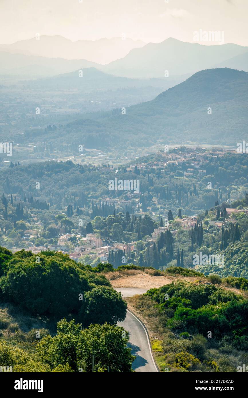 The view along the valley from a high viewpoint at Agia Anna, on Corfu, Greece Stock Photo