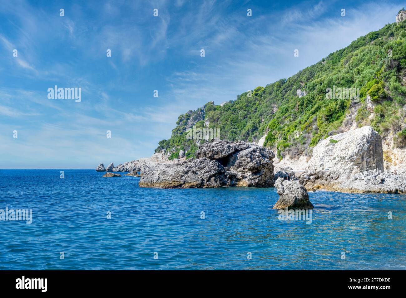 A view out to sea from the beach at Ermones Bay, Paralia Ermones, Corfu, Greece Stock Photo