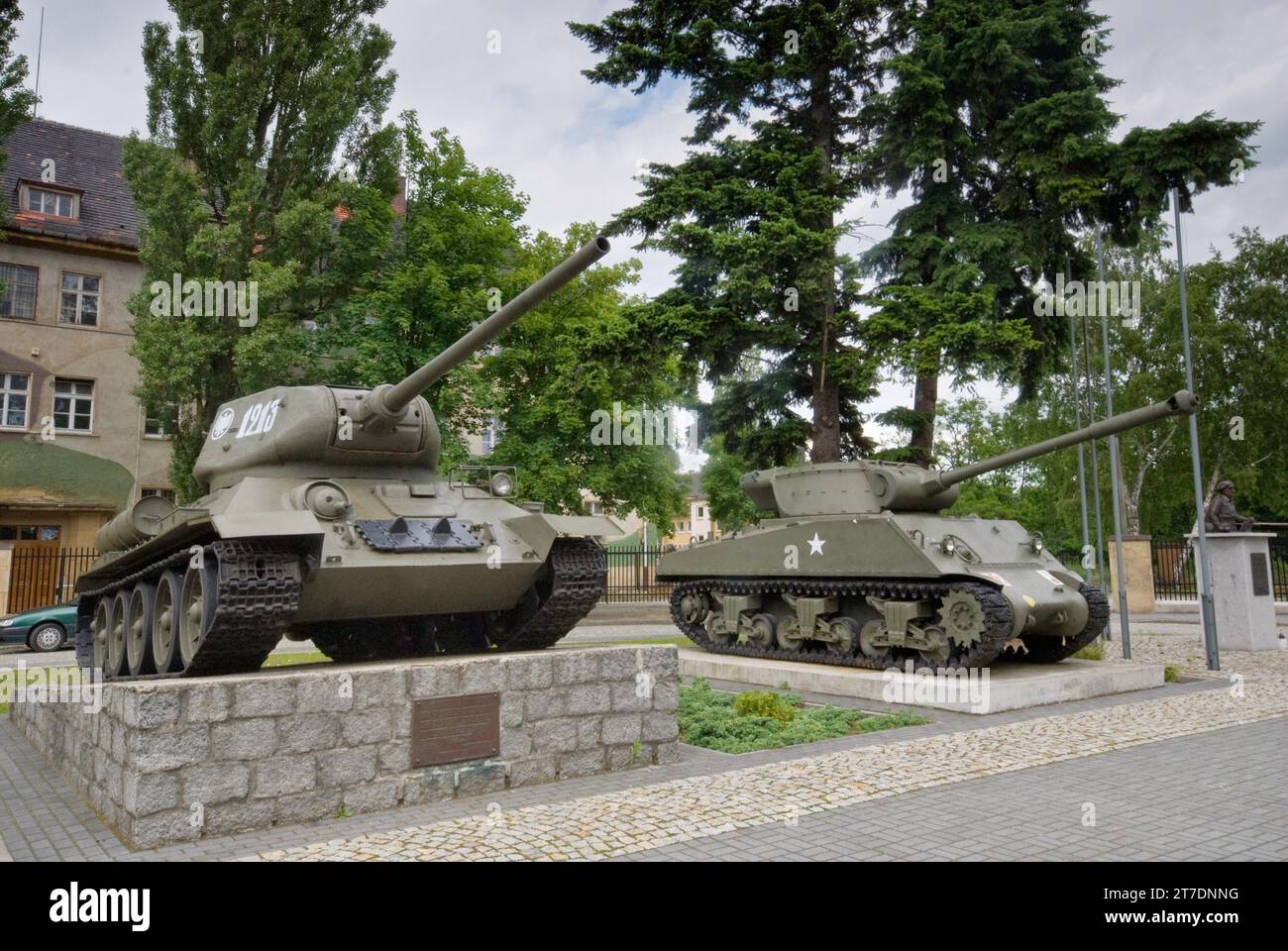 Soviet T-34 and American M-36 Sherman tanks from WWII displayed at headquarters of II Lubuska Armored Cavalry Division near Żagań, Poland Stock Photo
