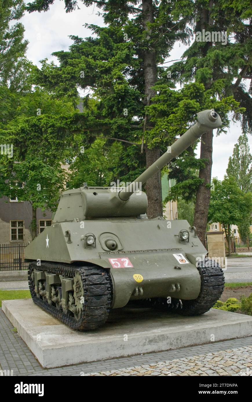 American M-36 Sherman tank from WWII displayed at headquarters of II Lubuska Armored Cavalry Division near Żagań, Lubusz Voivodeship, Poland Stock Photo