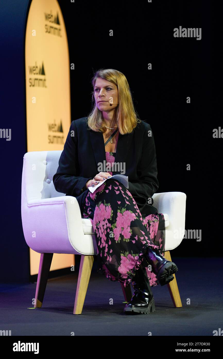 Lisbon, Portugal. 14th Nov, 2023. Anna Irrera, Senior Crypto Editor at Bloomberg News, addresses the audience during the first day of the Web Summit 2023 in Lisbon. Credit: SOPA Images Limited/Alamy Live News Stock Photo