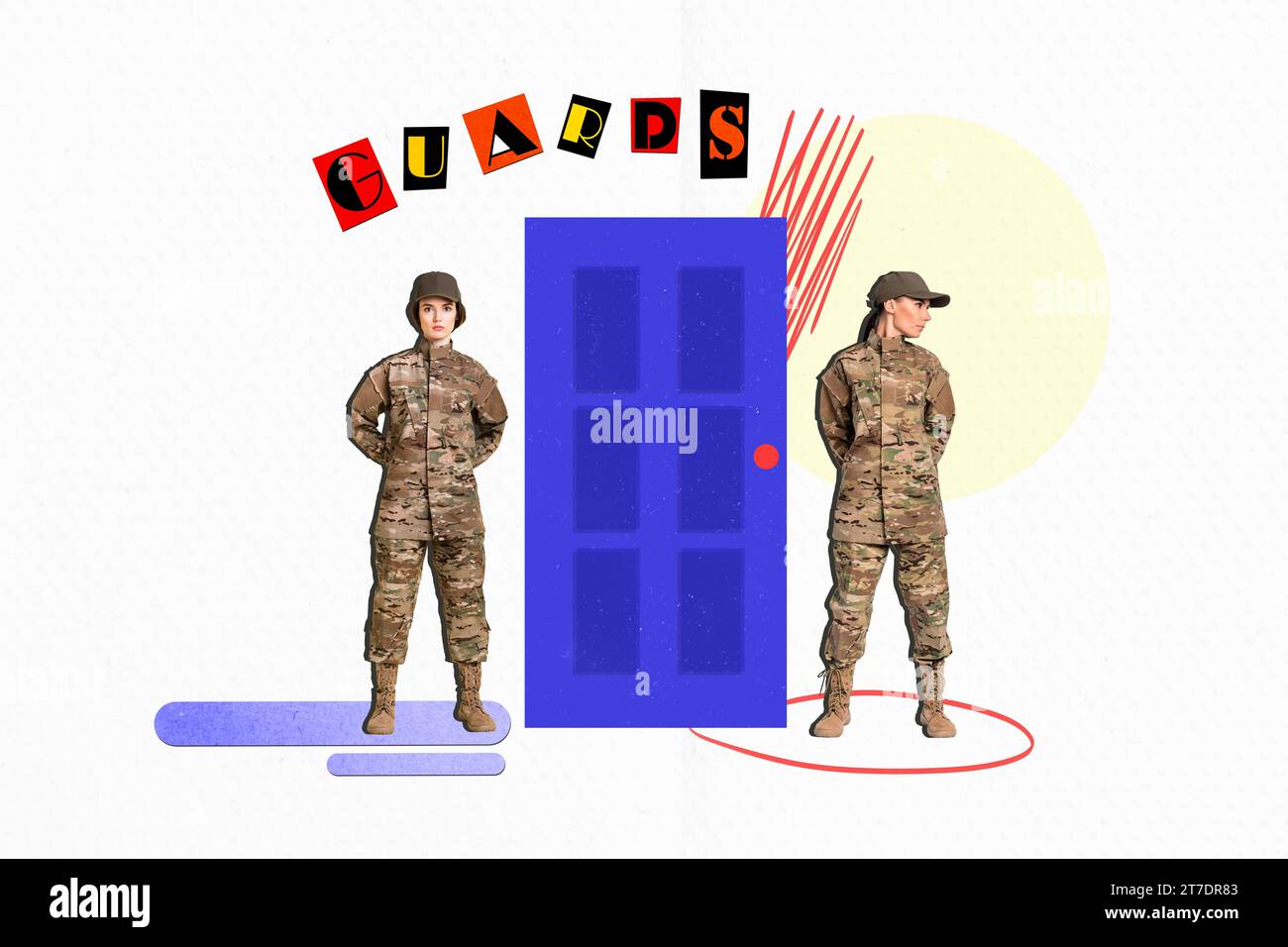 Collage portrait of two focused military girls security guards protect painted doors isolated on white background Stock Photo