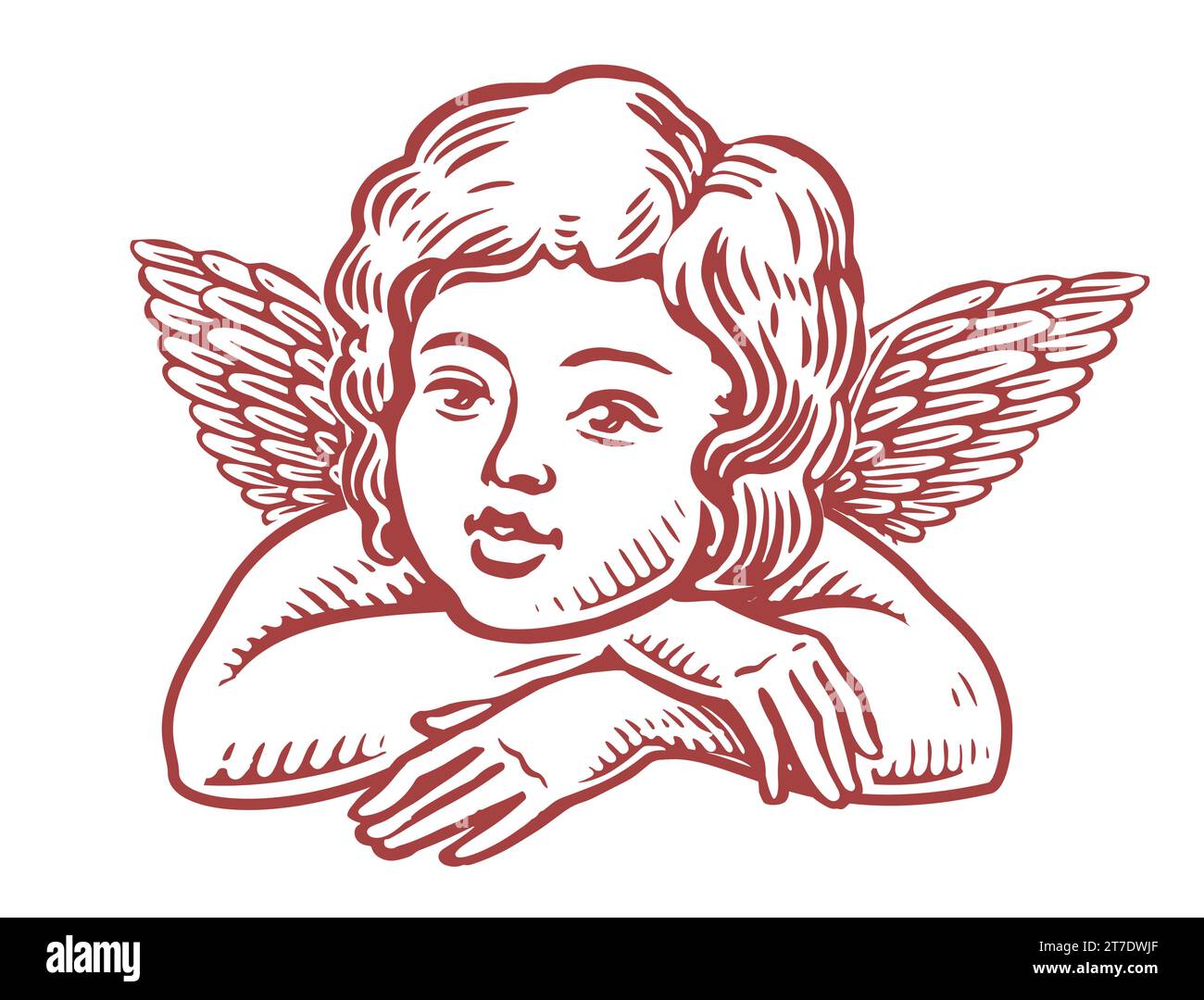 Cute baby with wings. Little angel retro style engraving. Black and white vector illustration Stock Vector