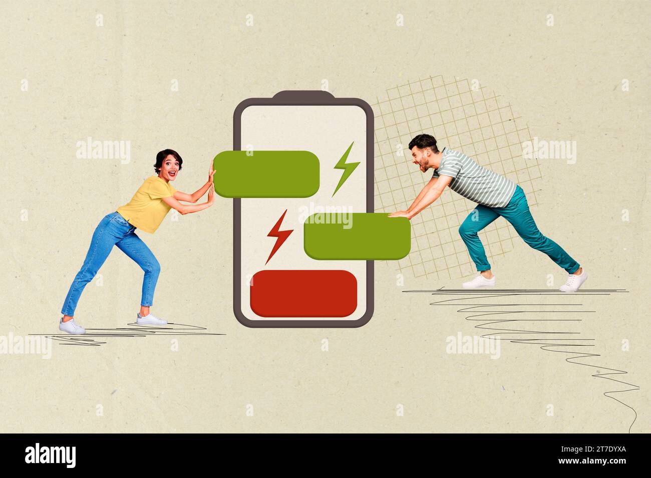 Composite collage of two mini people arms push battery energy level ...