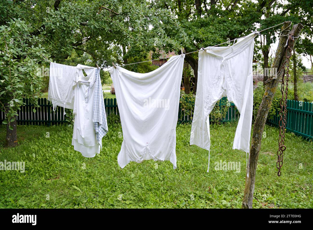 Damp clothing hanging on a washing line Stock Photo Alamy