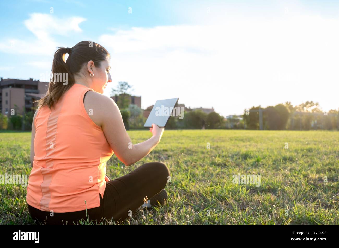 Rear view of young woman using tablet in park with beautiful sky Stock Photo