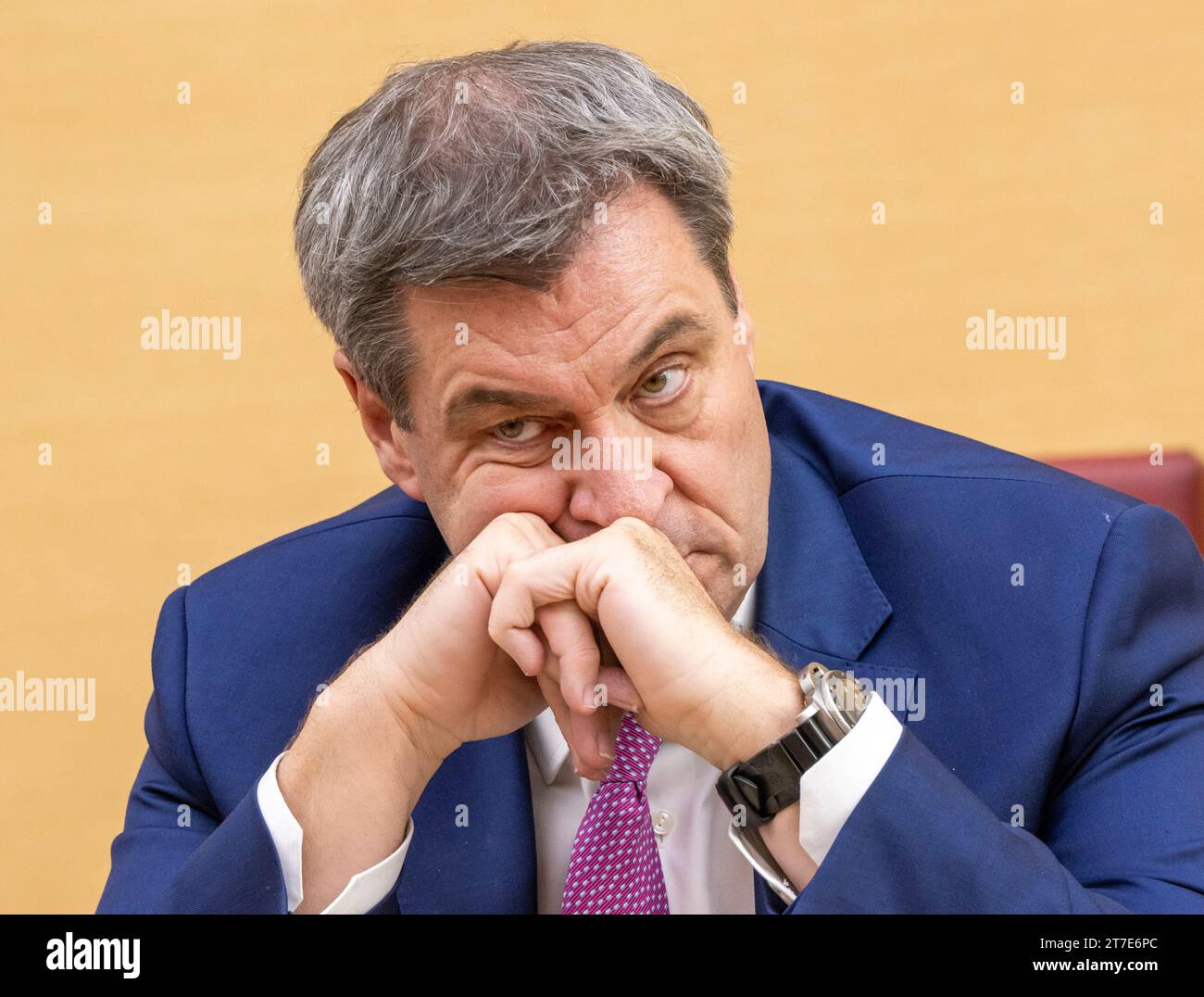 Munich, Germany. 15th Nov, 2023. Markus Söder, (CSU) Minister President of Bavaria, takes part in the plenary session of the Bavarian state parliament. The topics were the determination of committee assignments and the subsequent distribution of chairs between the parliamentary groups. Credit: Peter Kneffel/dpa/Alamy Live News Stock Photo