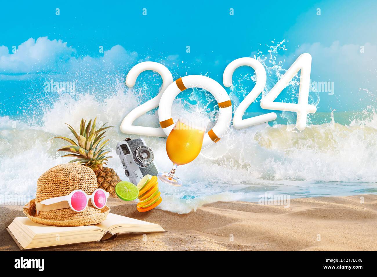 Happy New Year 2024. welcome to Happiness beach party and travel summer destination concept. Stock Photo