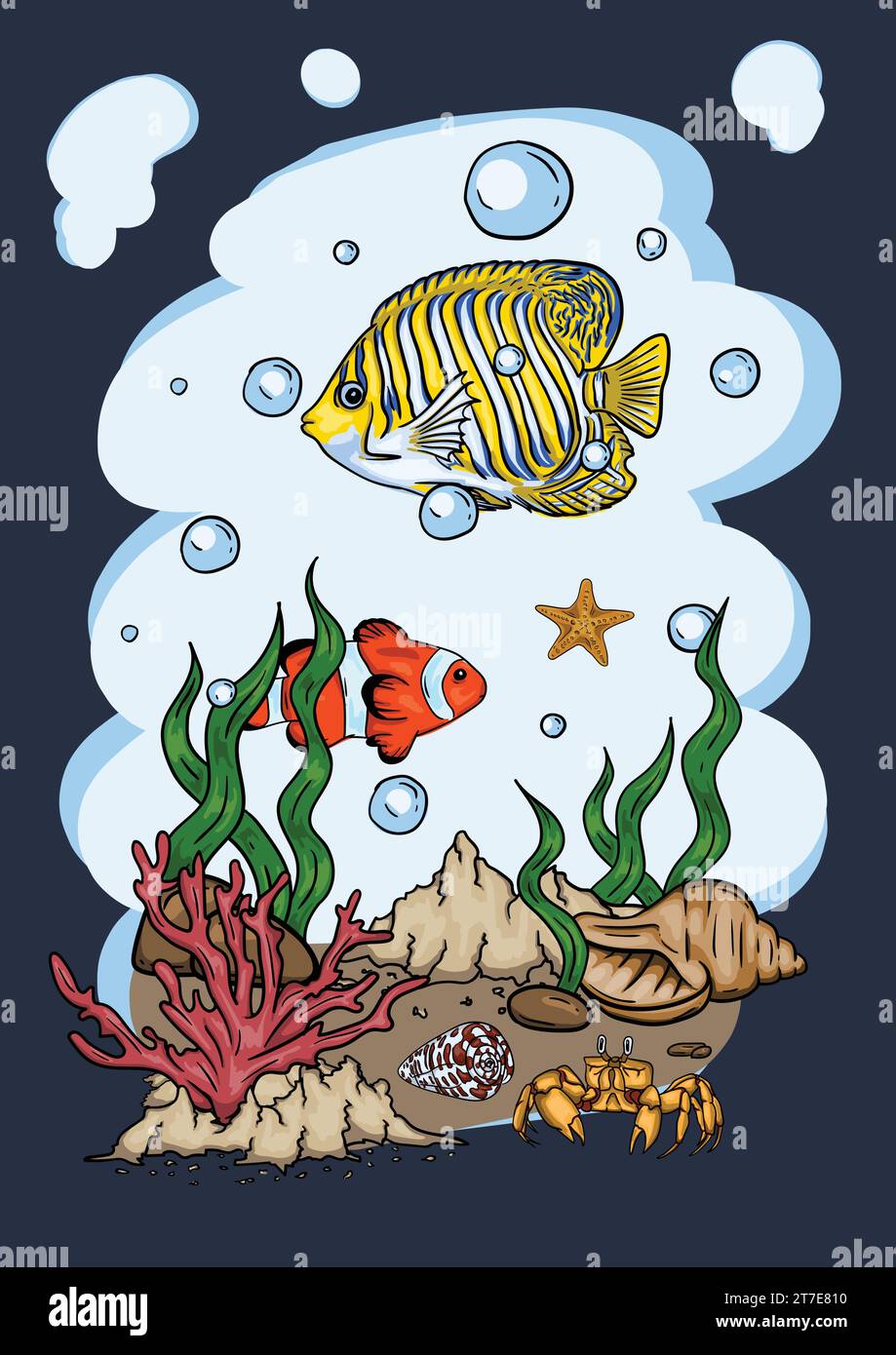 Bright vector illustration of the underwater world with beautiful fish ...