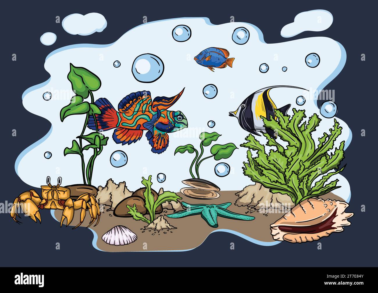Bright vector illustration of the underwater world with beautiful fish ...