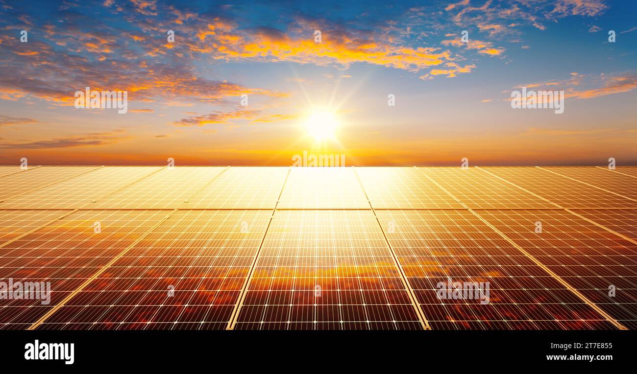 Solar panels reflect sparkling light From the sun ,Clean energy and
