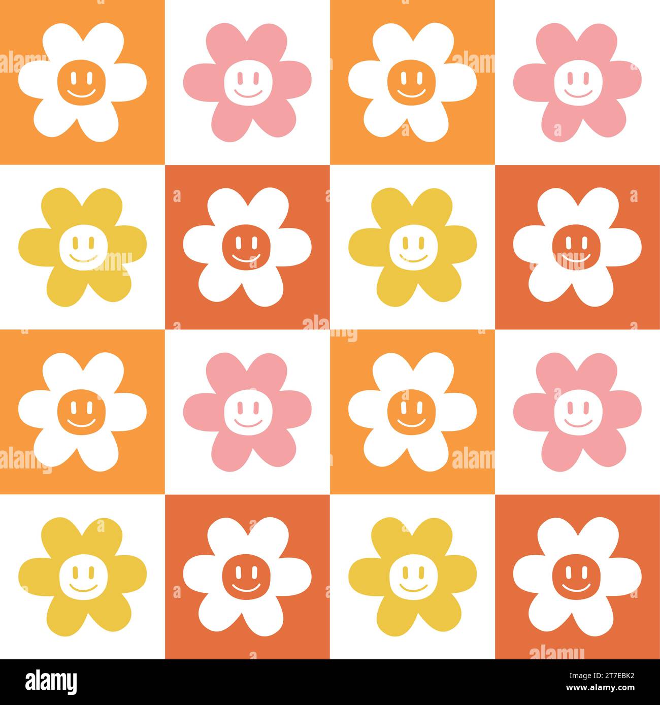 Vector seamless pattern of groovy retro flowers isolated on chessboard ...