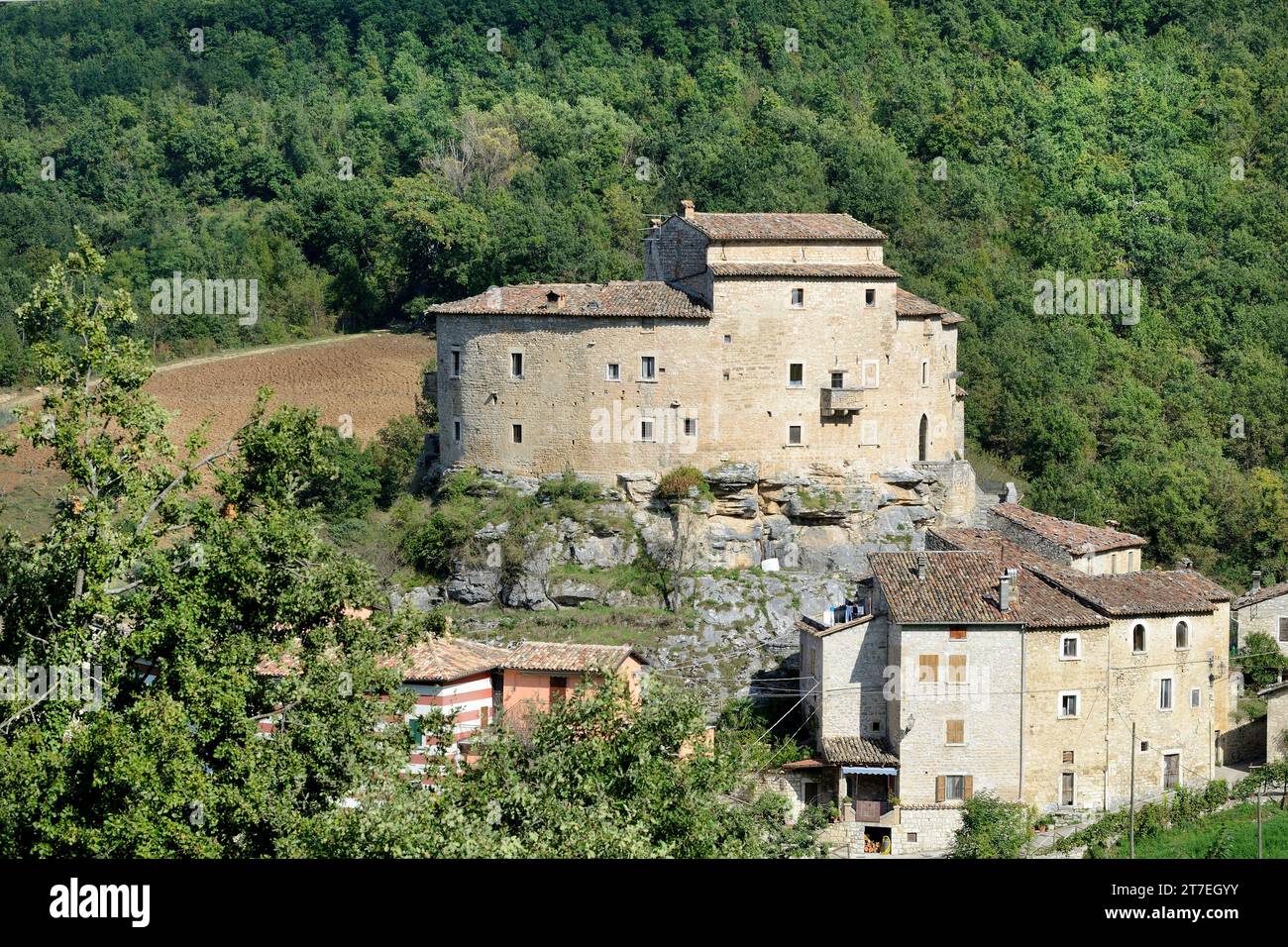 View of the Castle. Castel Di Luco. Holy Water Baths. Marche. Italy Stock Photo