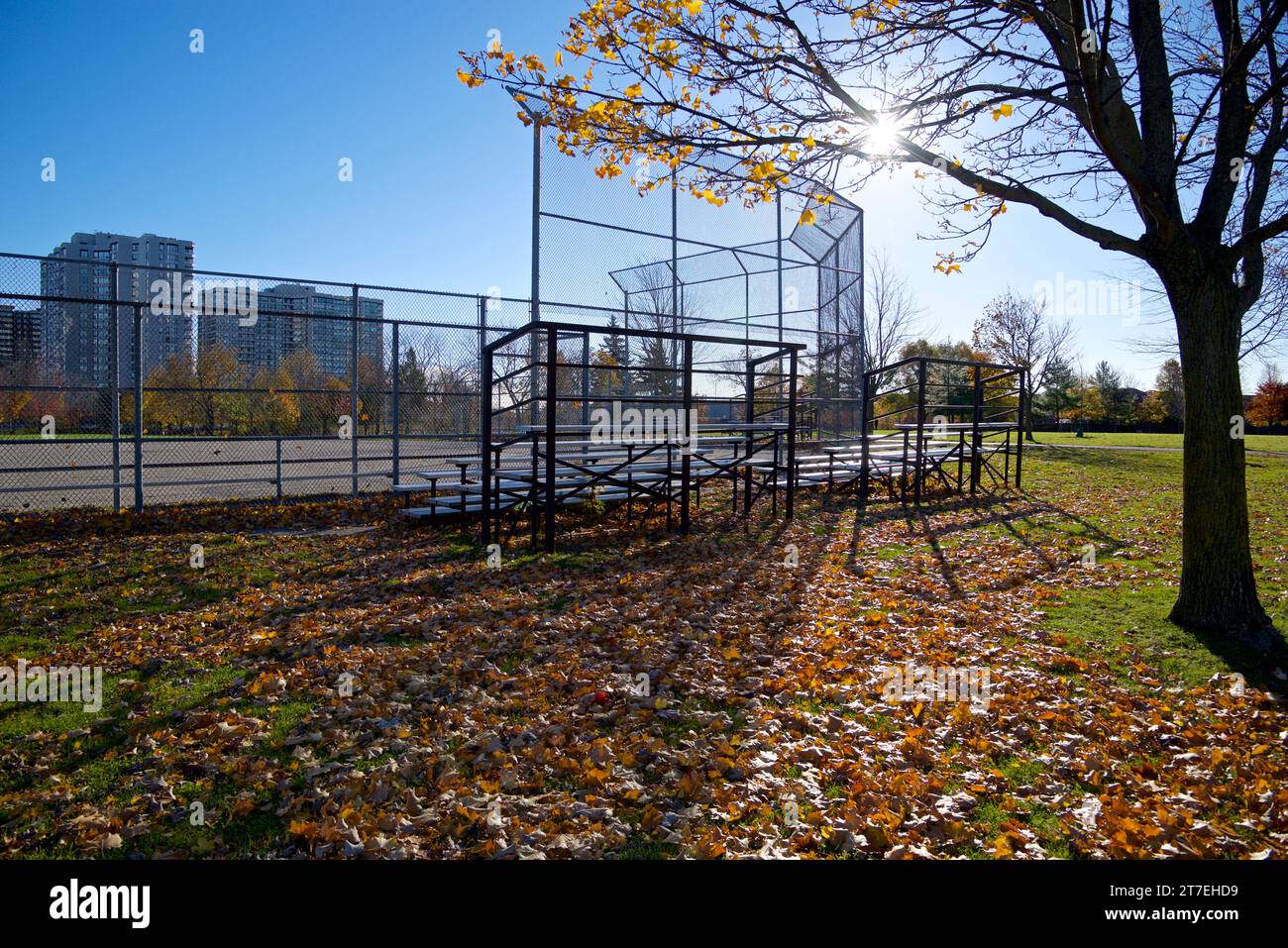 Baseball diamond of a public park with autumn leaf colour Stock Photo