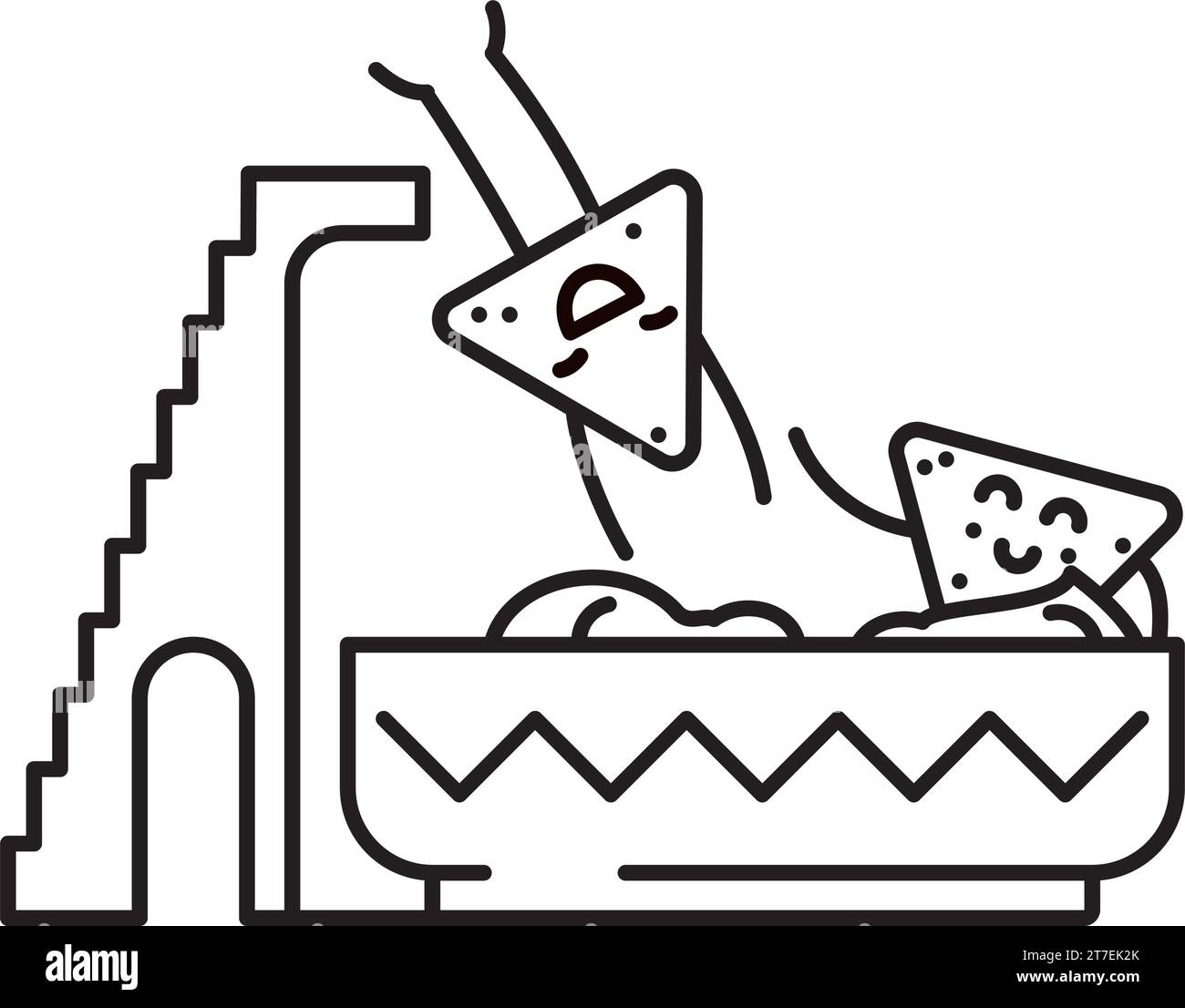 Tortilla chip jumping into pool of guacamole cartoon vector line icon