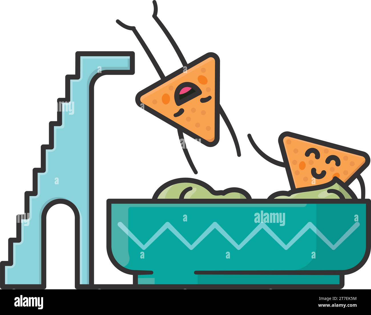 Tortilla chip jumping into pool of guacamole cartoon isolated vector