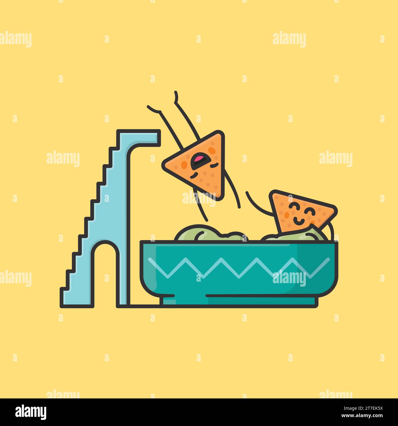 Tortilla chip jumping into pool of guacamole cartoon vector illustration for Tortilla Chip Day on February 24 Stock Vector
