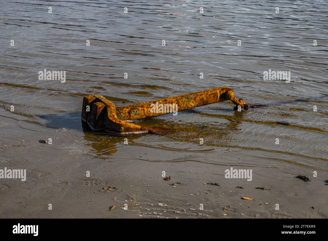 Rusty anchor seen at low tide at Barmouth in Wales, taken 22nd Oct 2023 Stock Photo