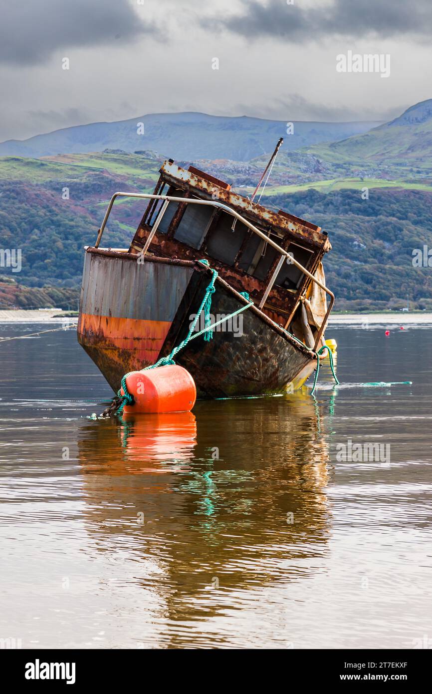 Old boat moored at Barmouth under overcast skies, taken 22nd Oct 2023. Stock Photo