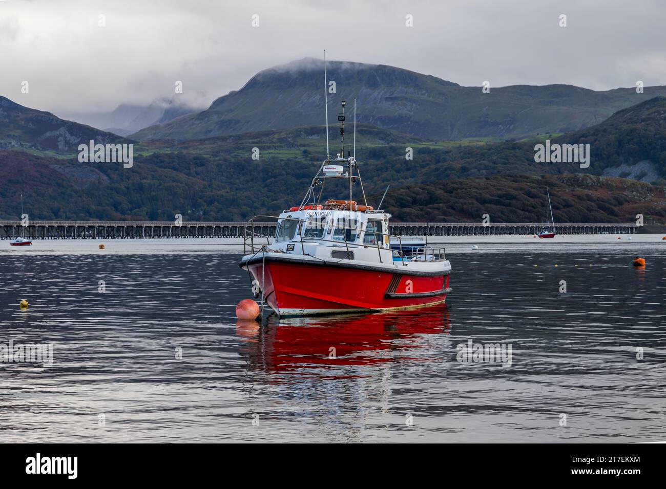 A boat called 'Scorpion' moored up in Barmouth Harbour, taken 22nd Oct 2023. Stock Photo