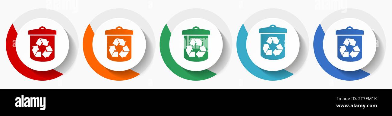 Recycle vector icon set, flat design colorful round icons in 5 color ...