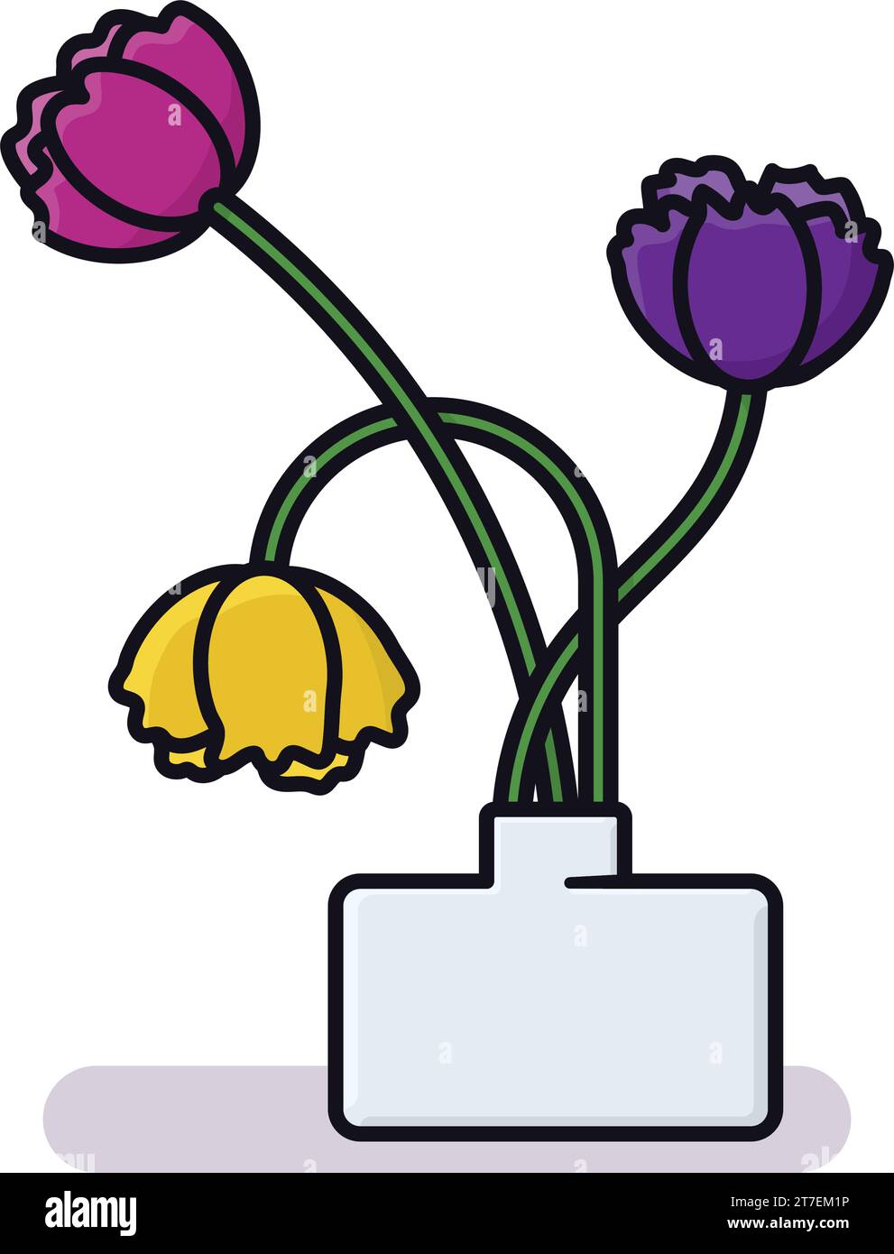 Colourful tulips in white vase isolated vector illustration for