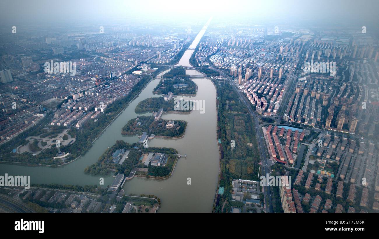 (231115) -- BEIJING, Nov. 15, 2023 (Xinhua) -- This aerial photo taken on Oct. 30, 2023 shows the Jiangdu Key Water Conservancy Project along the eastern route of South-to-North Water Diversion Project in Yangzhou, east China's Jiangsu Province. The first phase of the eastern route of China's South-to-North Water Diversion Project has benefited more than 68 million people in east China's Shandong Province in its decade-long operation, China South-to-North Water Diversion Co., Ltd. said Wednesday.   TO GO WITH 'Water diversion project benefits 68 mln people in Shandong in decade' (Xinhua/Liu Sh Stock Photo