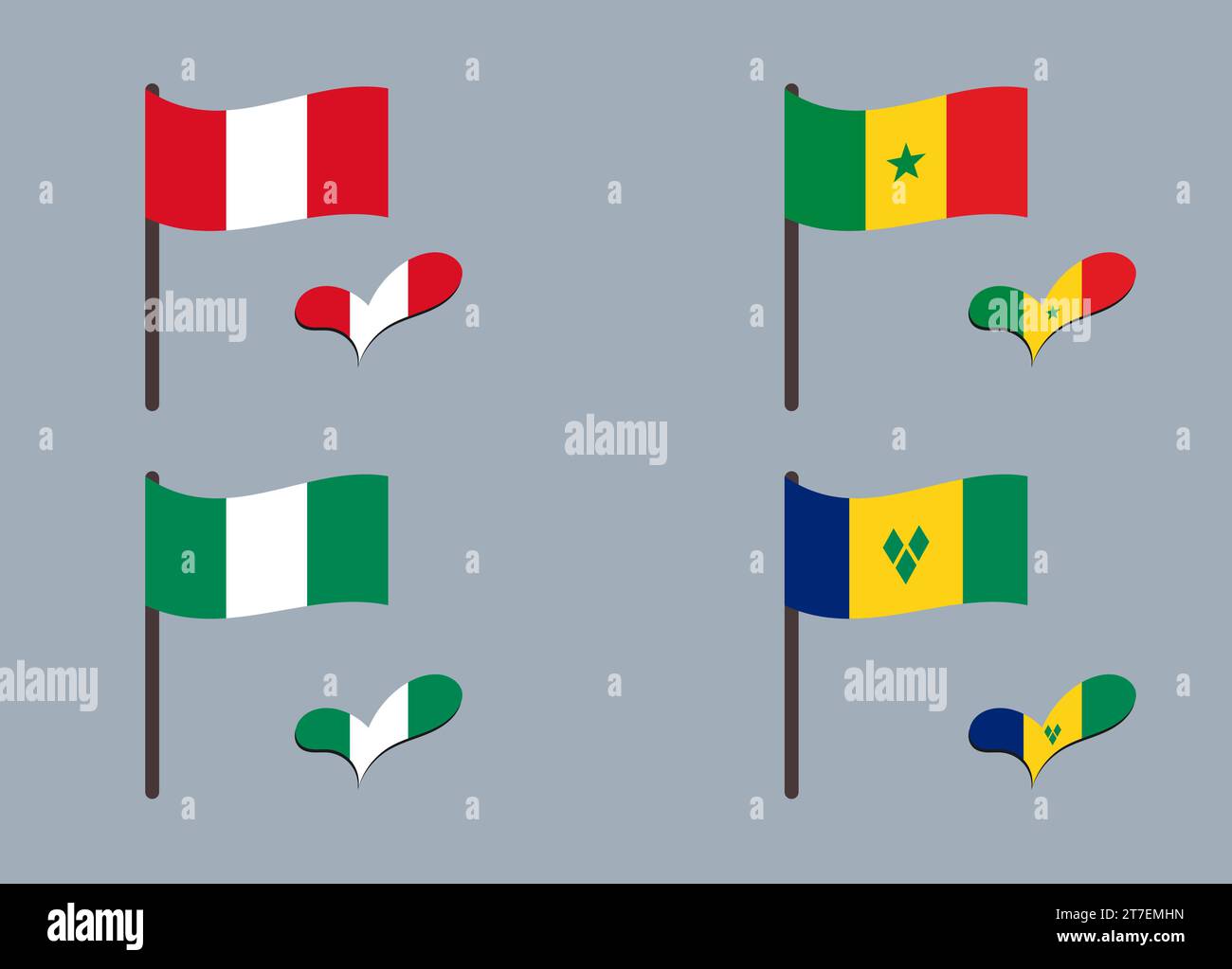 Set of flags (Nigeria, Peru, Senegal, Mali). Heart in flag colors. Set of national symbols. Stock Vector