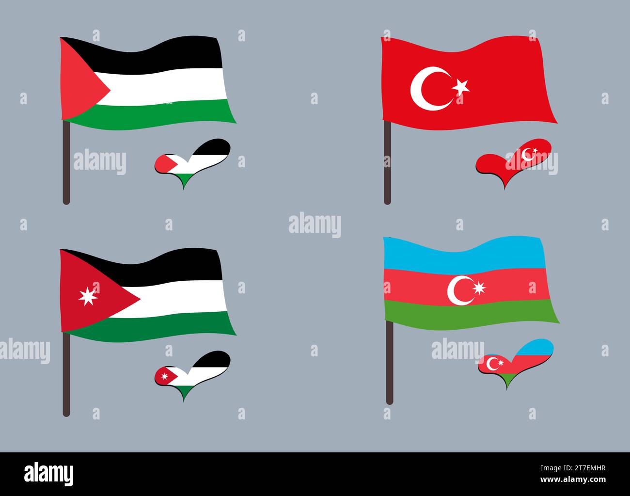 Set of flags (Turkey, Palestine, Jordan, Azerbaijan). Heart in flag colors. Set of national symbols. Stock Vector