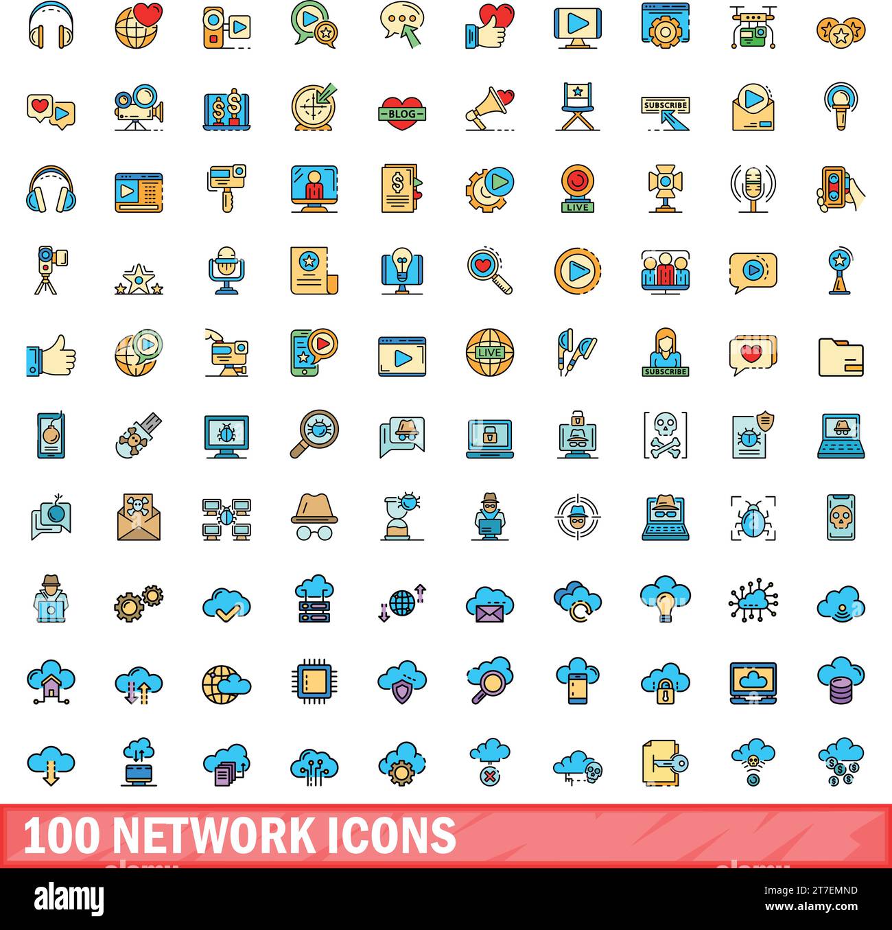 100 network icons set. Color line set of network vector icons thin line color flat on white Stock Vector