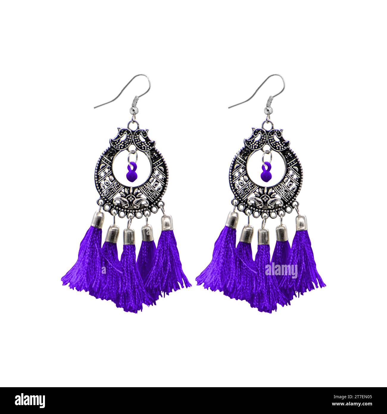 Two sets of purple earrings with silver and black beaded details Stock Photo