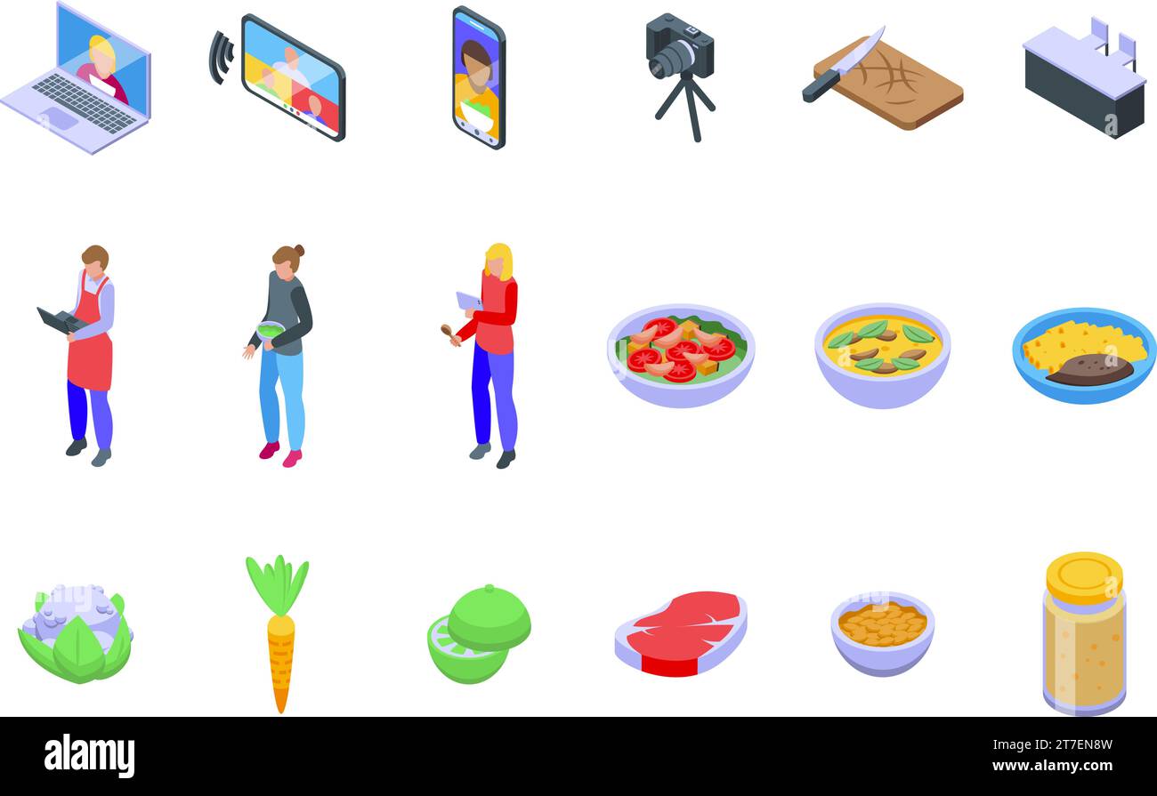 Online cooking classes icons set isometric vector. Tablet cook. Class ...