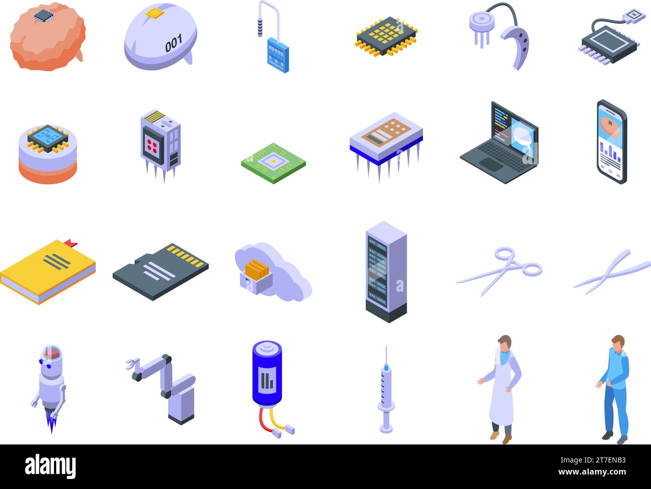 Brain implant icons set isometric vector. Stimulation device. Brain health medical Stock Vector