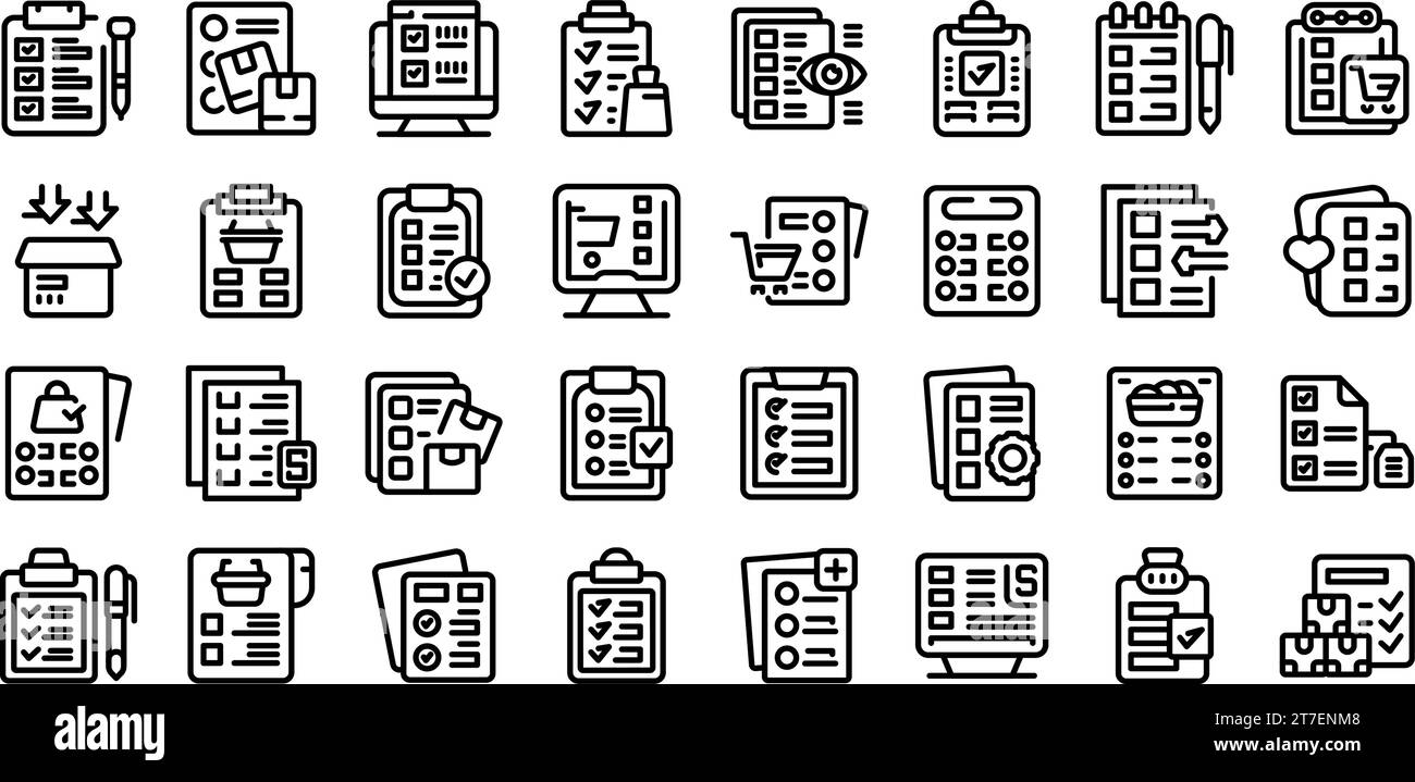 Orders list icons set outline vector. Shop product. Work check purchase Stock Vector