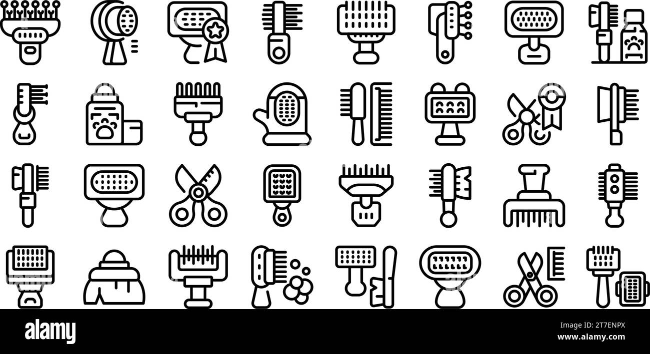 Grooming Brush icons set outline vector. Fashion cat hair. Animal health Stock Vector