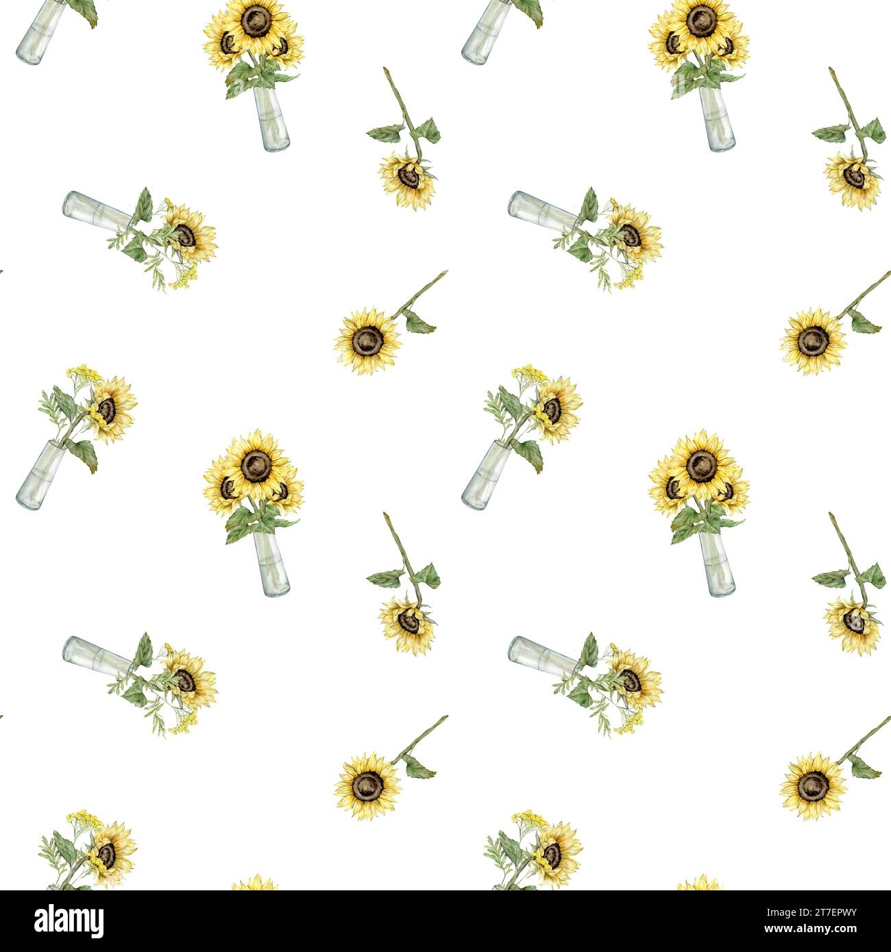 seamless pattern with hand drawn watercolor sunflowers and tansy in a ...